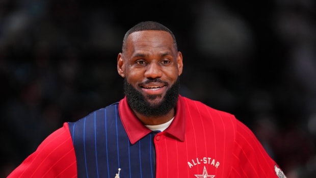 Feb 18, 2024; Indianapolis, Indiana, USA; Western Conference forward LeBron James (23) of the Los Angeles Lakers looks on during warmups before the 73rd NBA All Star game at Gainbridge Fieldhouse.
